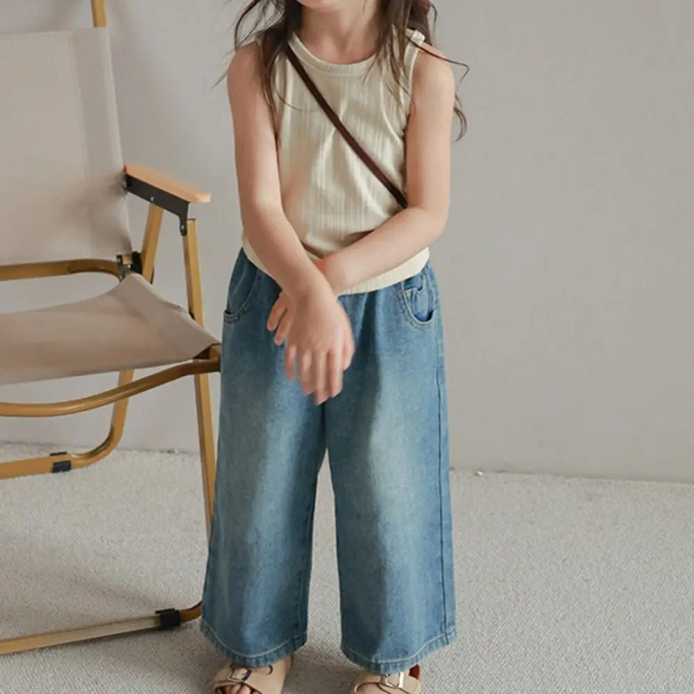 

Милые прямые детские джинсы, свободные детские джинсы с высокой талией Y2K, широкие ковбойские штаны, джинсовые брюки для маленьких девочек, уличная одежда