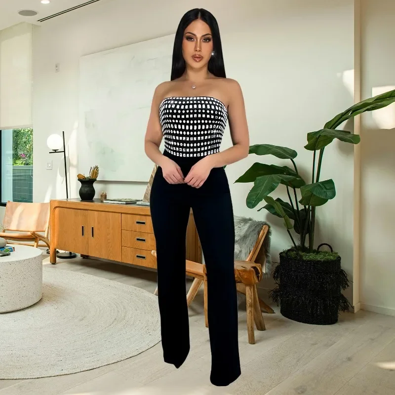 

GUWU Women Diamonds Hot Rhinestone Strapless Wide Leg Jumpsuits 2025 Summer Street Birthday Sexy Party Outfits One Piece Rompers