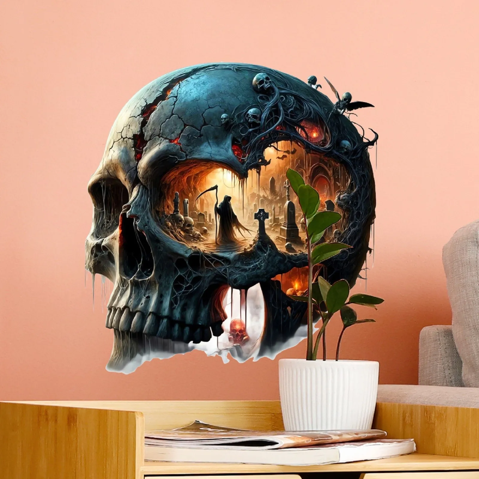 ฮาโลวีน 3D ผลสติกเกอร์ Dark สไตล์โกธิค Skull สติ๊กเกอร์ติดผนังสยองขวัญสุสานธีมตกแต่งบ้านสติกเกอร์