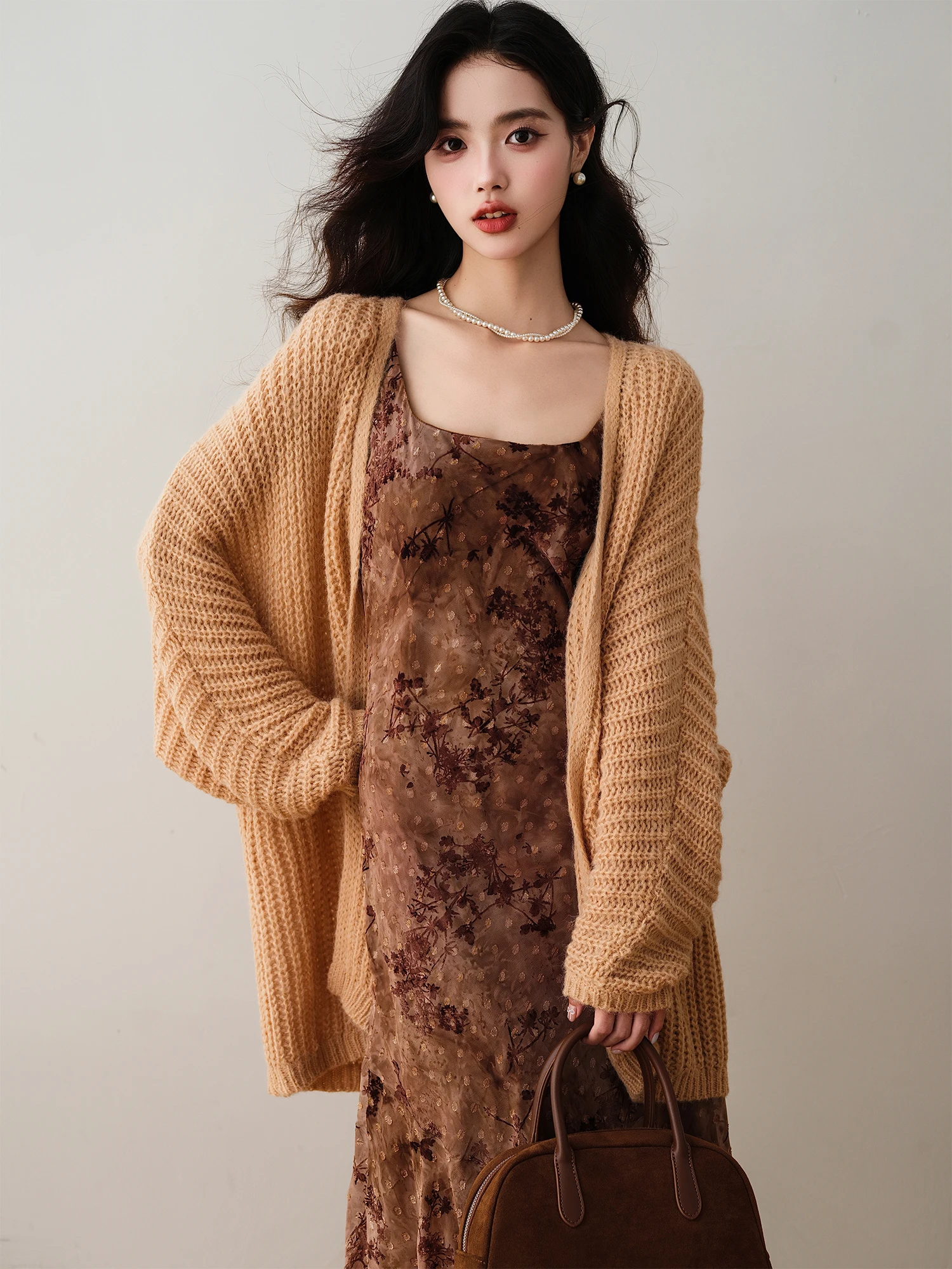 

Вязаный кардиган-свитер Laid-ba свободного кроя, длинный, скрывающий фигуру, для ранней осени, винтажный, женский, вязаный топ