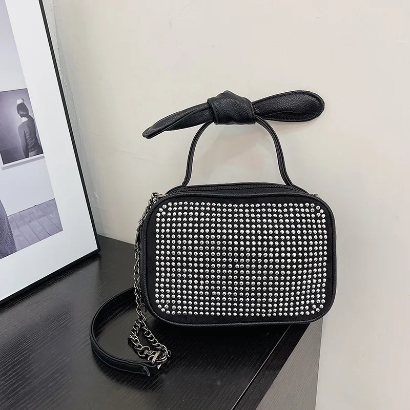 Women's One Shoulder Handbag Crossbody Small Square Bag New Fashion Versatile Water Diamond Casual Cute Bow Chain