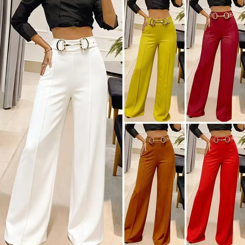 عارضة الشارع واسعة Legger السراويل الصلبة أنيقة عالية الخصر مشبك معدني السراويل الطويلة المرأة أزياء التنقل السراويل المستقيمة #1