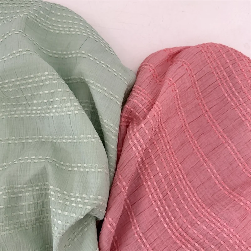 

Light green pink bubble polyester fabric handmade dress shirt jacquard striped pleated diy fabric