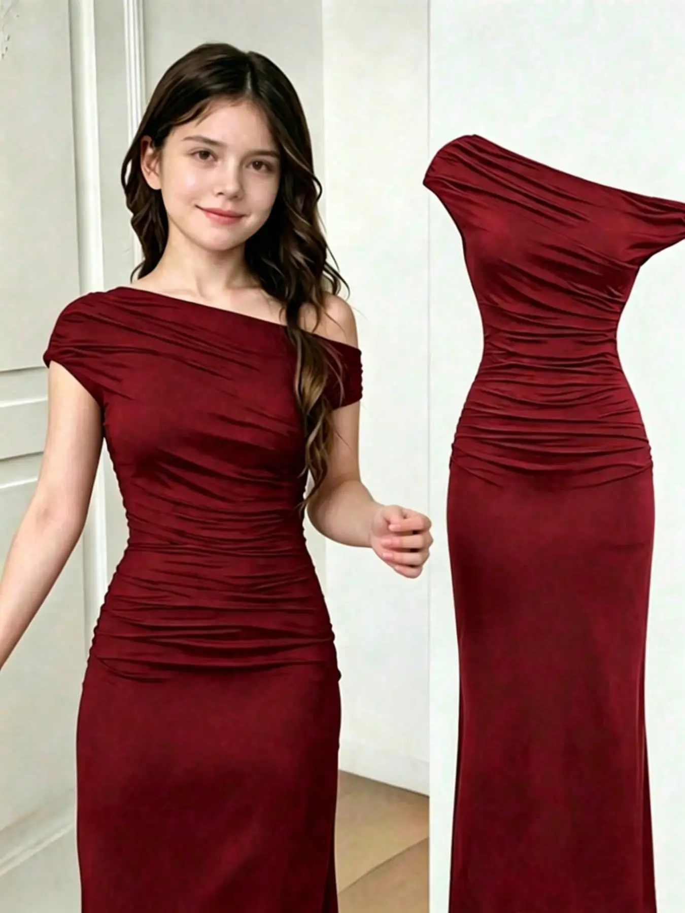 Teen Fashion Off-Shoulder Dress Asymmetrical Pleats Solid Pattern Party Wear Casual Outing Travel Clothing