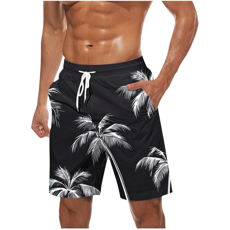 

Men's Palm Tree Print Casual Shorts, Thin Breathable Summer Beach Pants, Minimalist Black White Hawaii Style Lightweight Wear