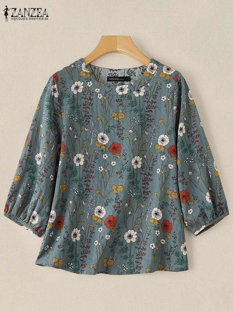 Zanzea Vrouwen Casual Losse All-Over Print Blouses Herfst 2024 Vintage 3/4 Mouw Blusas Mujer Vakantie Vrije Tijd O Hals Tuniek Tops