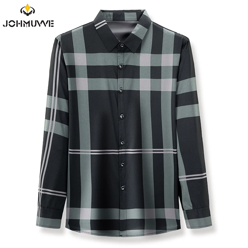 JOHMUVVE Fast Shipping Men\'s New Plaid Striped Long Sleeve Shirt Casual Long Sleeve Top