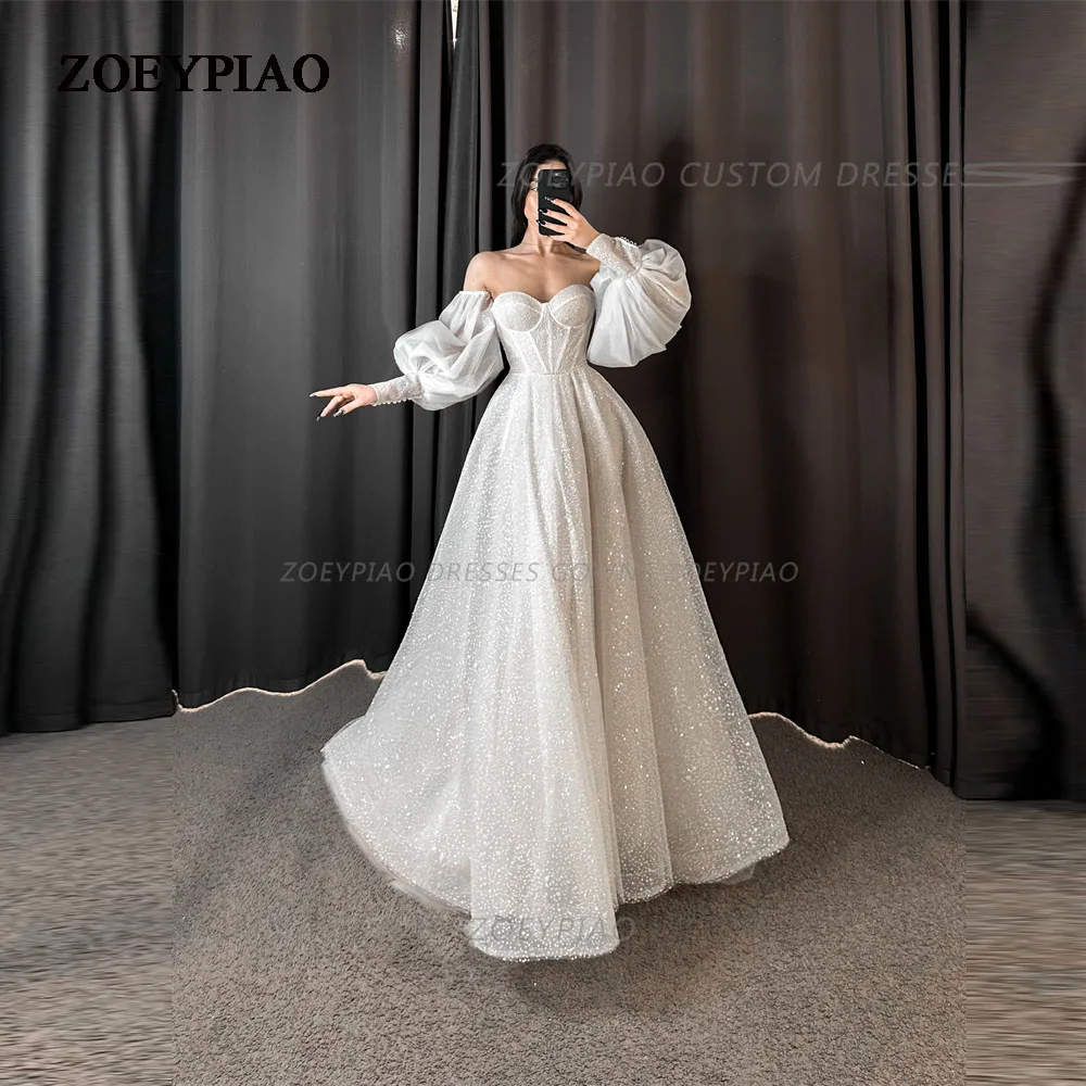 

Bling Glitter Ivory Simple Full Sleeves A Line Wedding Dress Bride Bridal Dresses Formal Vestido De Renda Estilo Sereia