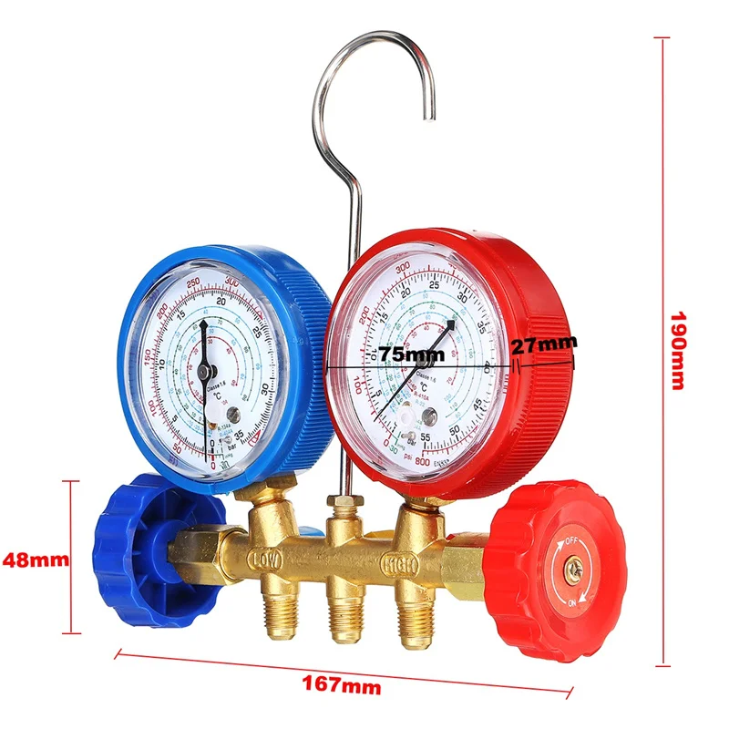 R22 R134a R404a Air Conditioning Refrigerant Manifold Gauge High and Low Pressure Gage Tools Set with Hose