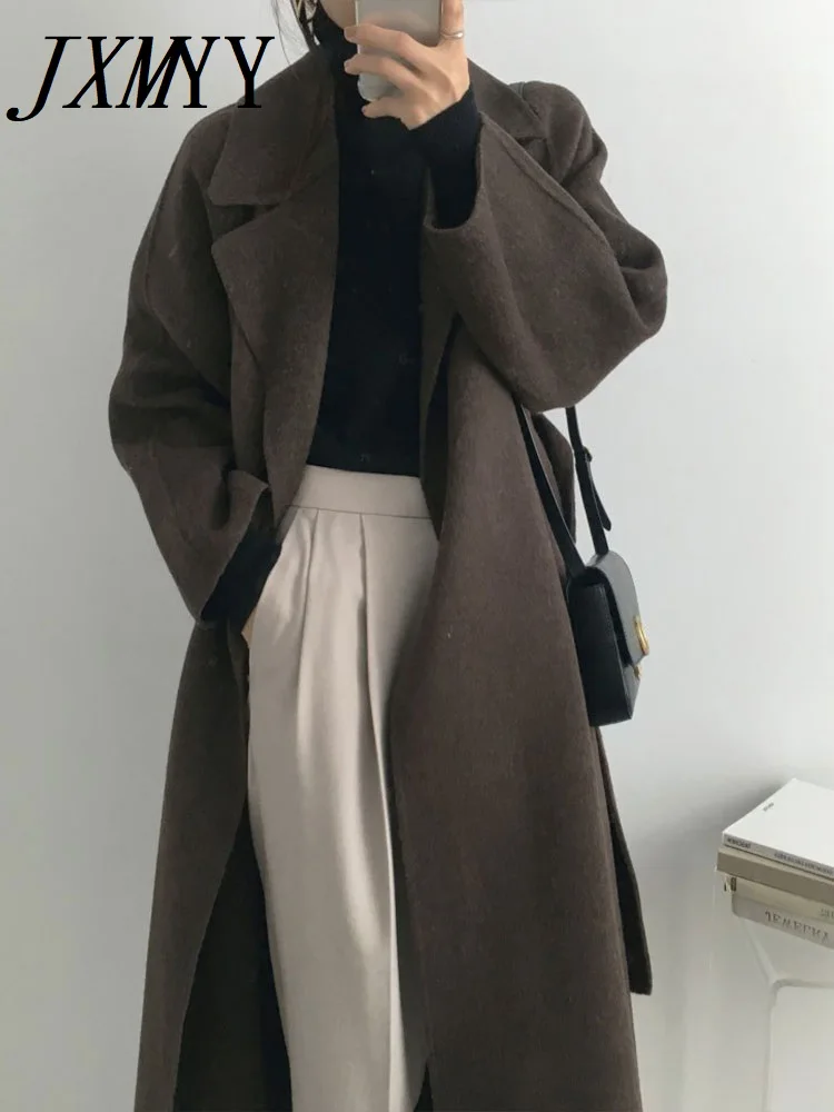 JXMYY French Lazy Style Warm Female Fresh Winter 2023 Classical Belt Retro Loose Women Woolen Coats Chic Casual Long Coat Long