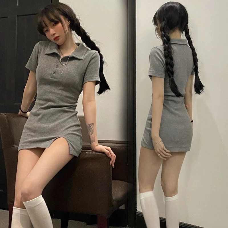 스타일 폴로 칼라 슬리브 지방 슬리밍 순수한 욕망 매운 소녀 Bodycon 스커트 한국어 버전 슬림 매끄러운 실루엣 섹시한 측면