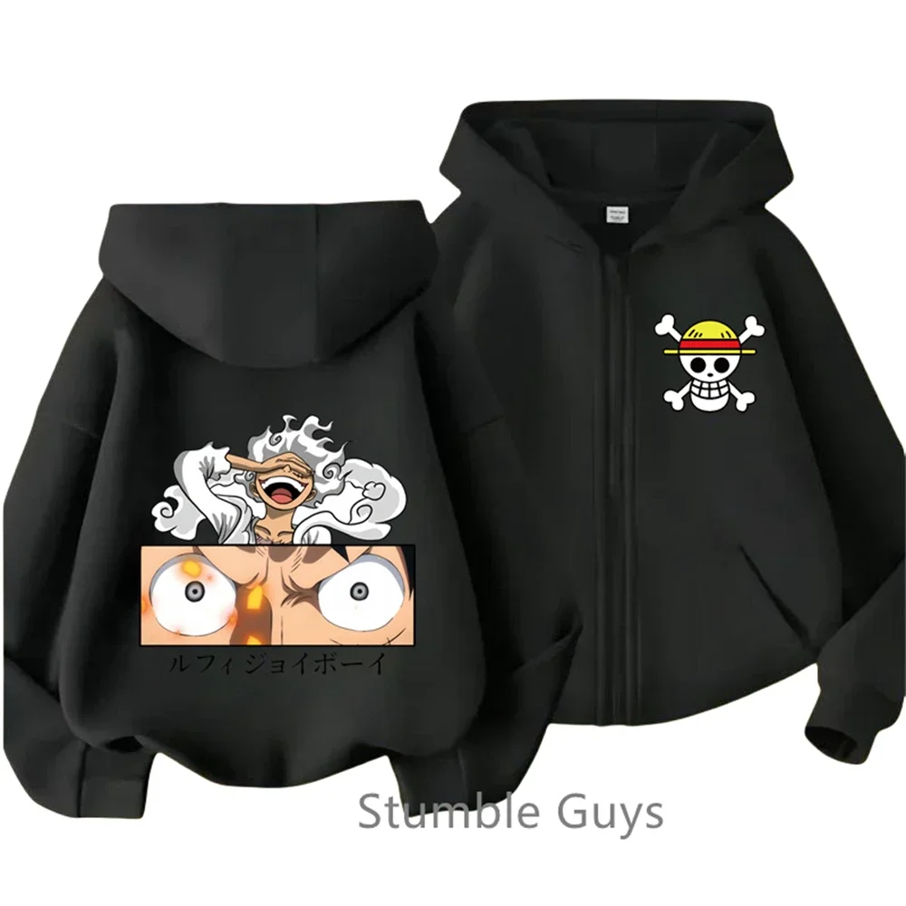 Anime One Pieces Kids Zipper Hoodie Cartoon Luffy Print Autumn/Winter Long-sleeved Sweatshirt Boys And Girl Casual Jacket Top