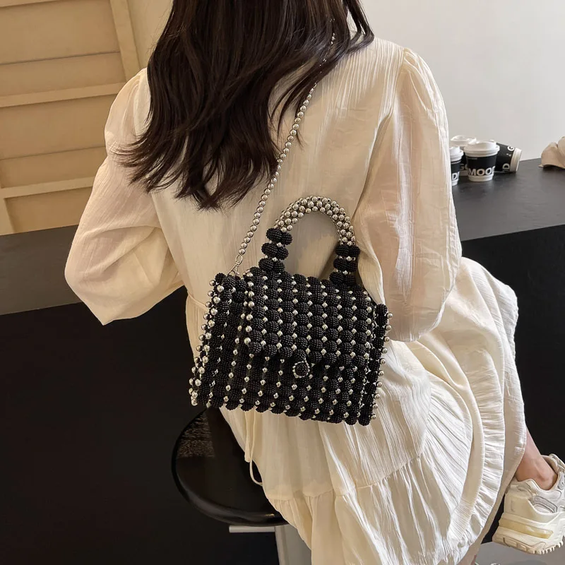 Unique Handmade Bead Wedding Party Handbag Black Purse Totes Women Evening Tote Bags Designer Hollow Out Clutch Purse 2024 New