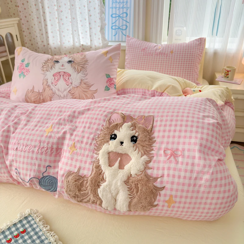 Cute Pink Cartoon Cat Bow Towel Embroidery Girls Kids Bedding Set Washed Cotton Soft Duvet Covers Bed Sheet Pillowcases 3/4Pcs