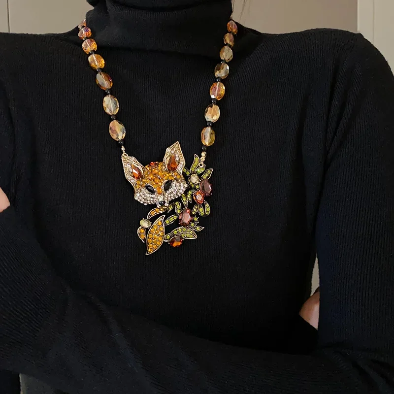 Vintage Baroque Style Long Fox Shape Necklace For Women Brown Crystal Earrings Party Banquet Jewelry Sets