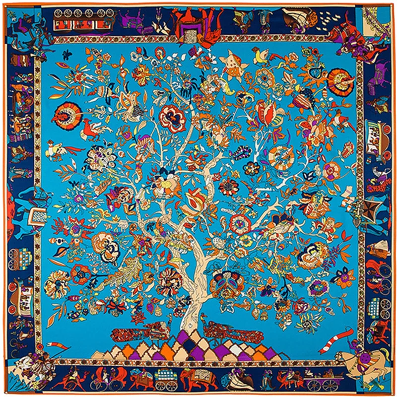 130*130cm Twill Silk Scarf Luxury Animal Elepha Life Tree Print Women Shawls Stoles Square Bandana Kerchief Hijab Female Foulard