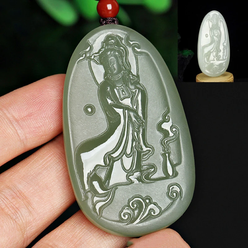 Hetian Men's Necklace Ornament Green and White Pendant Guanyin Bodhisattva Jade Amulet