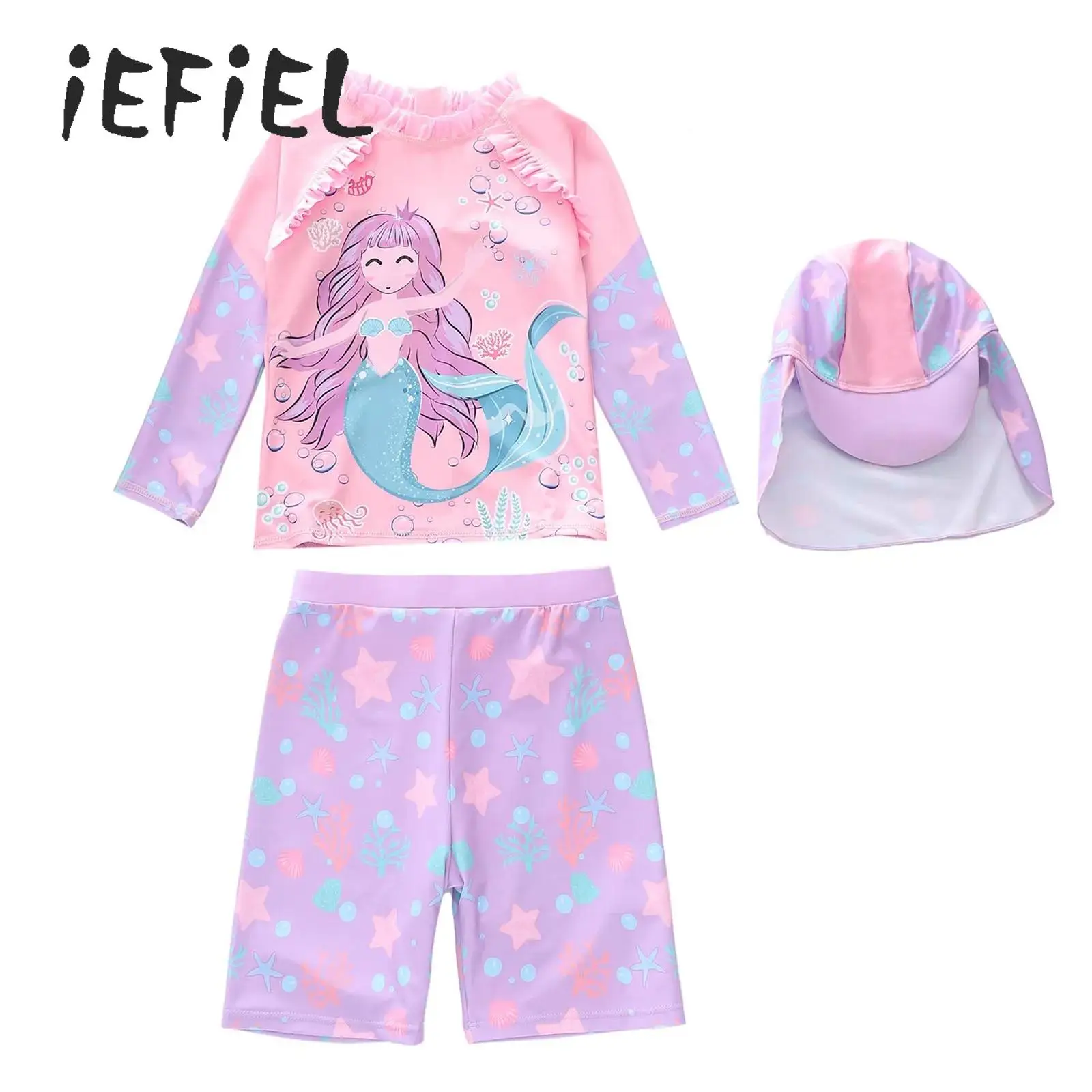 

Girls 3 Pieces Swimsuit Outfit Cute Cartoon Pattern Long Sleeves Bathing Top with Shorts Hat Swimwear Beach Parties Sunbathing