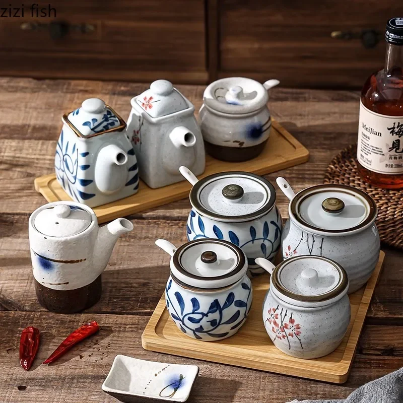 Tarro de cerámica Retro para condimentos, tarro de especias, tarro de sal, olla para salsa de soja, botella de vinagre, bote de aceite, contenedor de especias, herramienta de condimentos de cocina