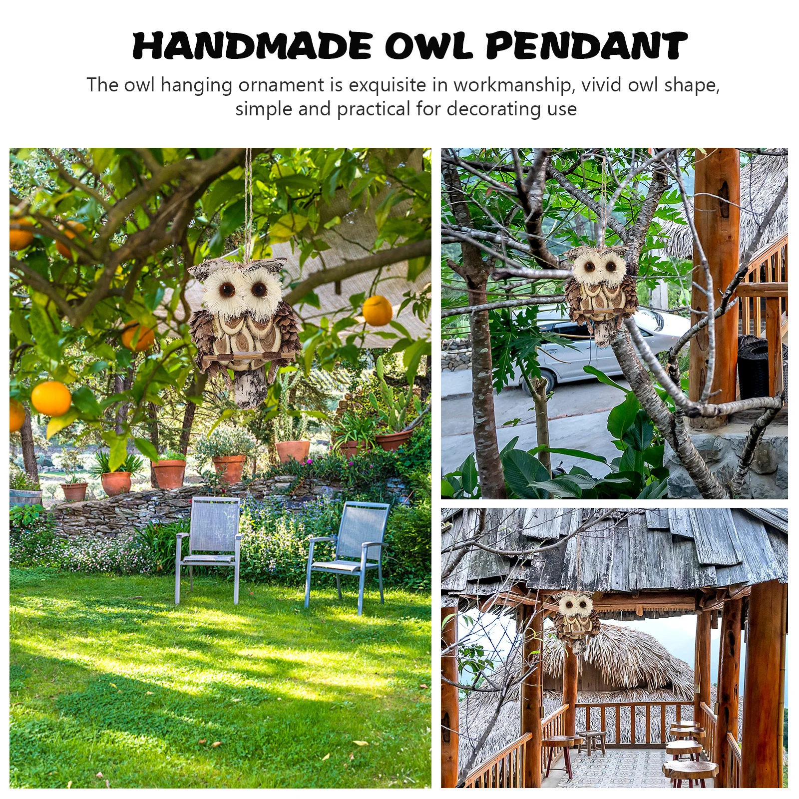 

5Pcs Handmade Owl Wall Hanging Decor Natural Straw Wood Ornaments for Garden Porch Outdoor Use Hanging Owl Ornament