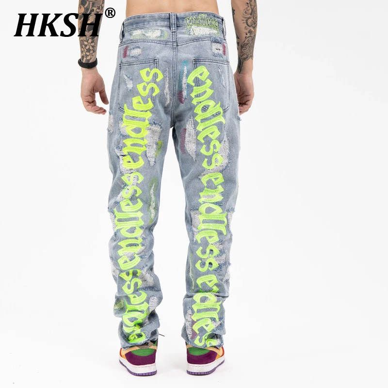 

HKSH Men's Tide Streetwear Autumn New Trendy High Street Embroidered Perforated Jeans Vintage Letter Fashion Denim Pants HK2801