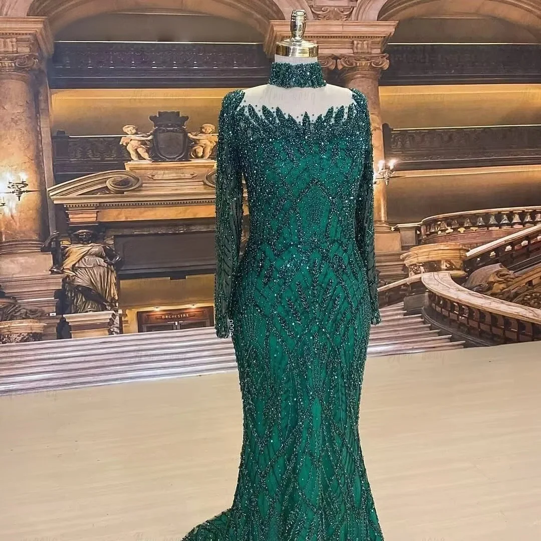 Green Middle Eastern Evening Dresses Luxury Long Sleeves Beaded Saudi Arabia Dubai Robe De Soiree Prom Dress Gown Customized view 4