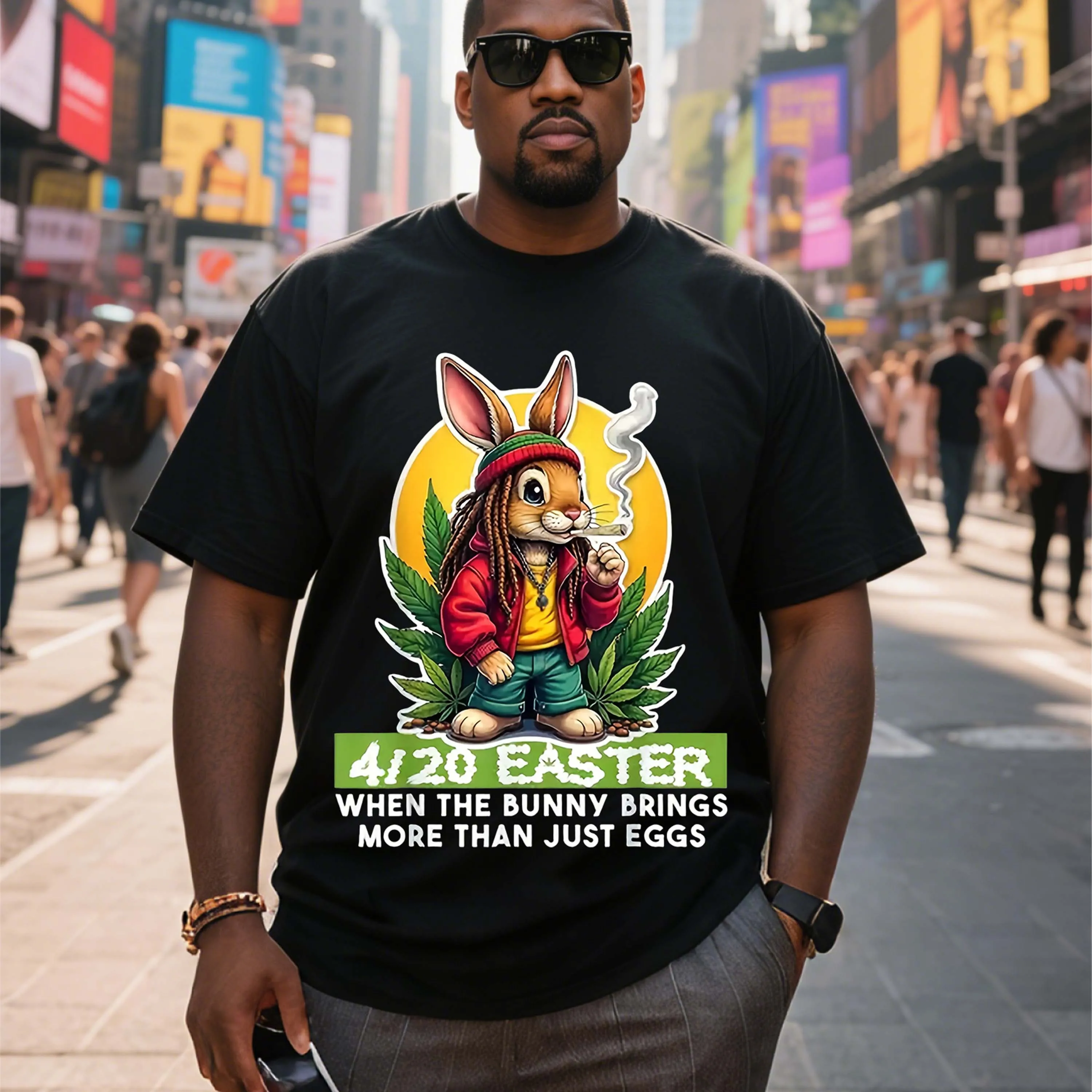 Kaus Lengan Pendek Hitam Pola Cerutu Merokok Kelinci Kartun Ukuran Besar Cocok untuk Pakaian Santai Luar Ruangan di Musim Panas