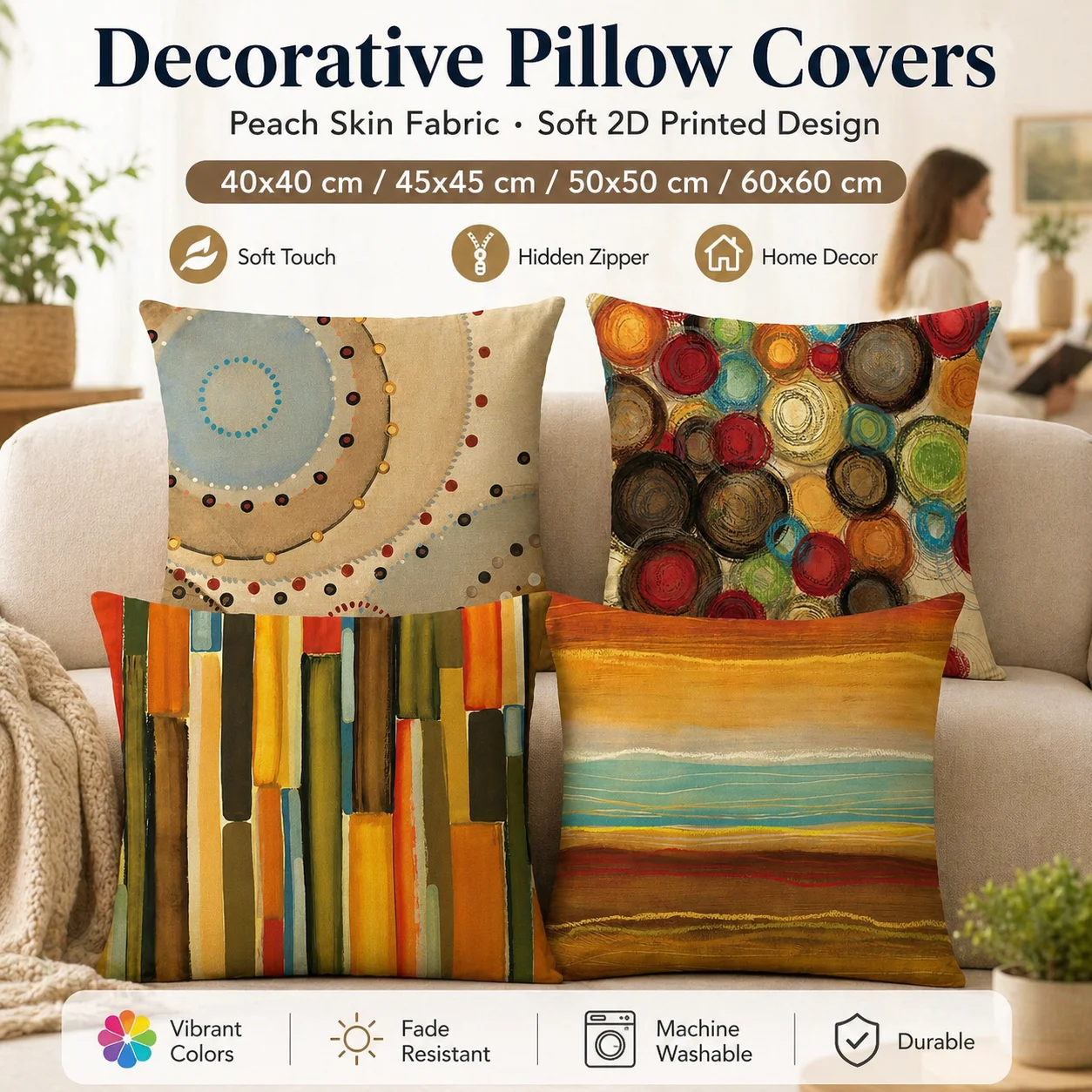 Colorful Circle Geometric Peach Skin Pillowcase 2D Flat Printed Retro Cushion Cover For Couch Bedroom Aesthetic Room Decor 45x45