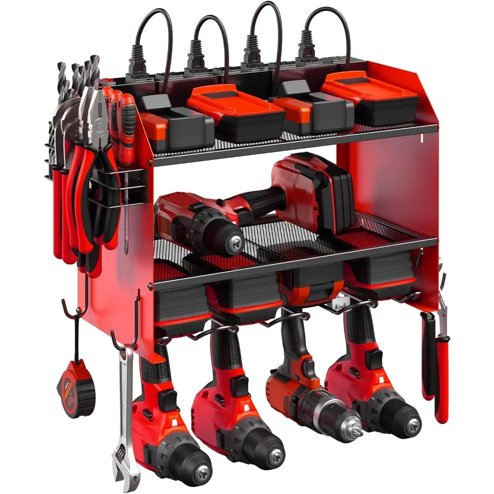 

CCCEI Modular Power Tool Organizer Wall Mount with Charging Station. Garage 4 Drill Storage Shelf with Hooks, Screwdriver