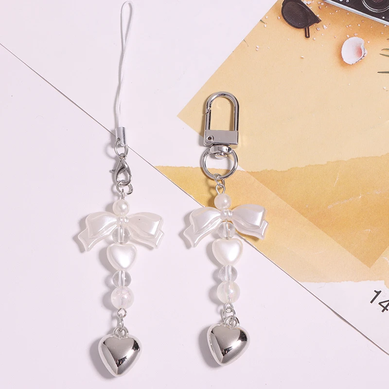 1pc artesanal simples arco frisado chaveiro pingente doce pérola prata amor telefone corrente saco pendurado decoração
