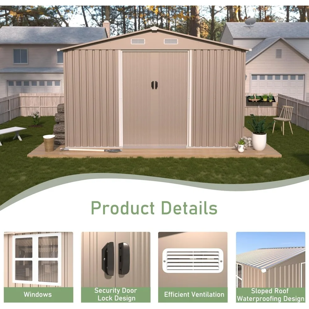 سقيفة تخزين خارجية 10 × 8 أقدام مع نافذة، سقيفة أدوات معدنية كبيرة مع باب قابل للقفل وسقف منحدر مقاوم للمطر، سقيفة حديقة للظهر