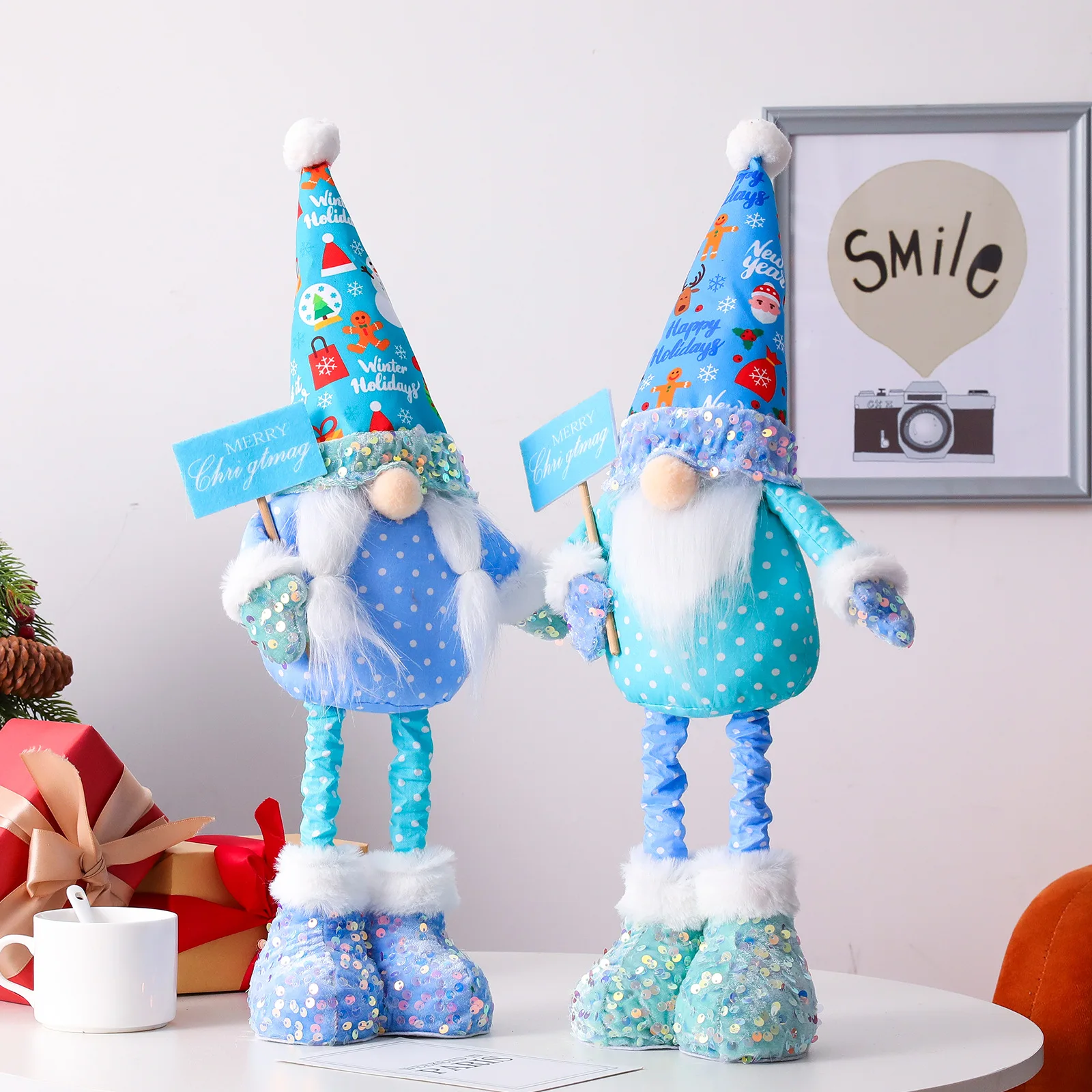 One Pair Doll Blue Sequins Flexible Gnomes Plush Winter Decor Handmade Plush Doll Elf Home Ornaments