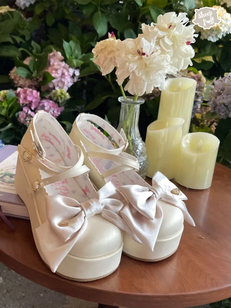 Lolita Mary Jane Shoes Women's Spring and Autumn Elegant Bow Pink Birthday Party Platform Heels Lady Girl Waterproof High Heels