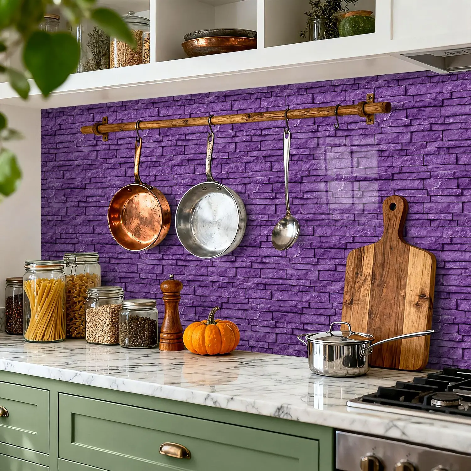 1/5Pcs Self‑Adhesive Tile Stickers,Purple Brick Pattern Peel&Stick Wall Tiles,Waterproof Easy Clean Decor for Kitchen Bathroom