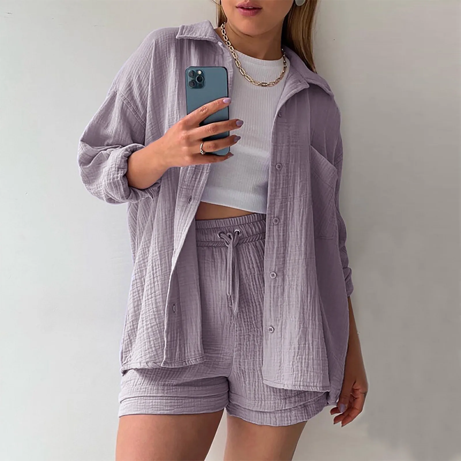 Women Shorts 2 Piece Set Solid Color Long Sleeve Lapel Single Breasted Shirts+High Waist Drawstring Short Pants Sets 2024 Summer