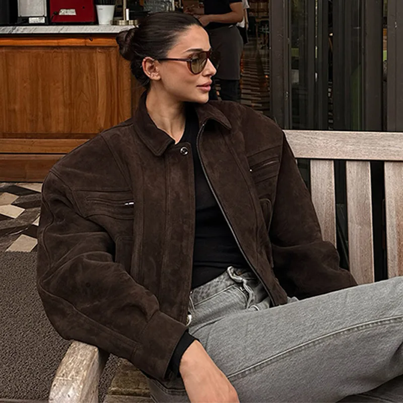 Solid Suede Zip Up Cropped Jacket Women Long Sleeve Pocket Causal Autumn Fashion  Street Outside Outwear