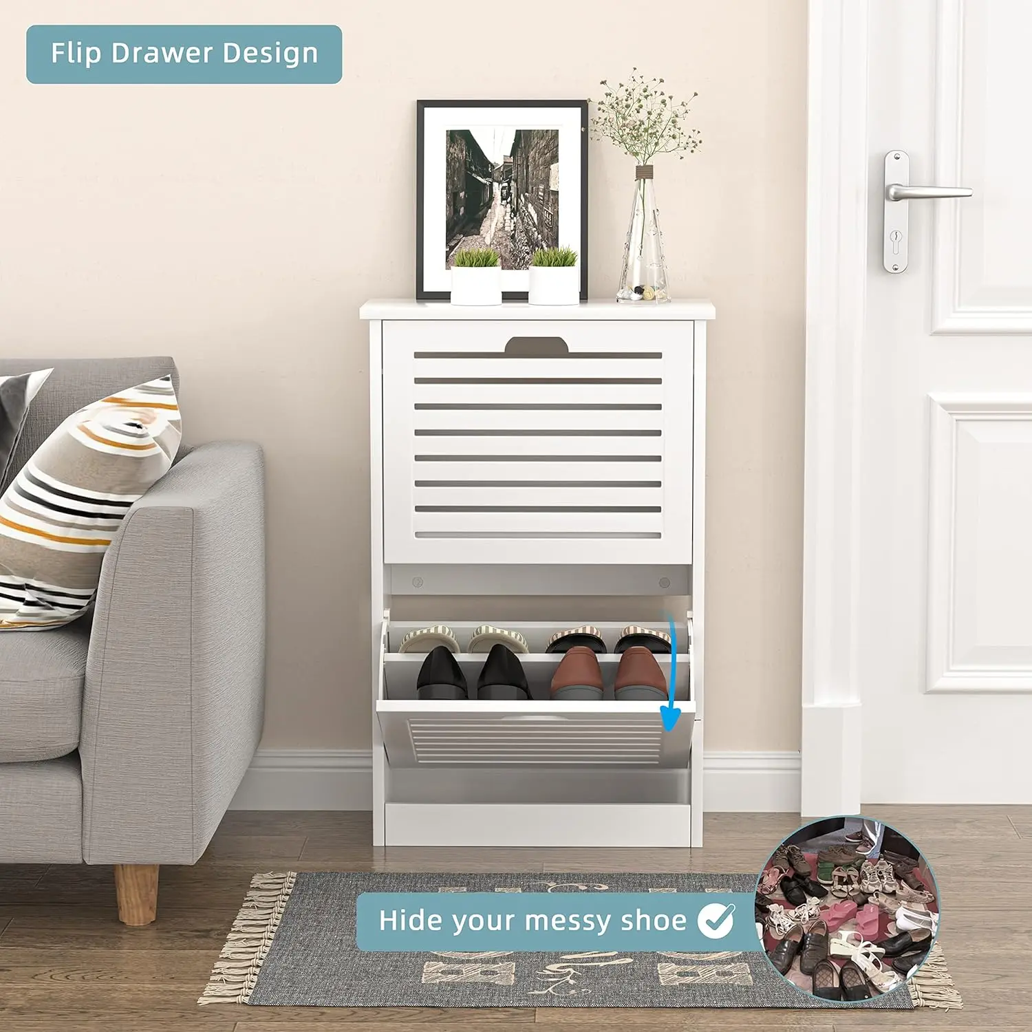 Shoe Storage Cabinet with 2 Flip Drawers, Shoe Cabinet Storage for Entryway Hidden Narrow Slim Free Standing Shoe Rack Organizer