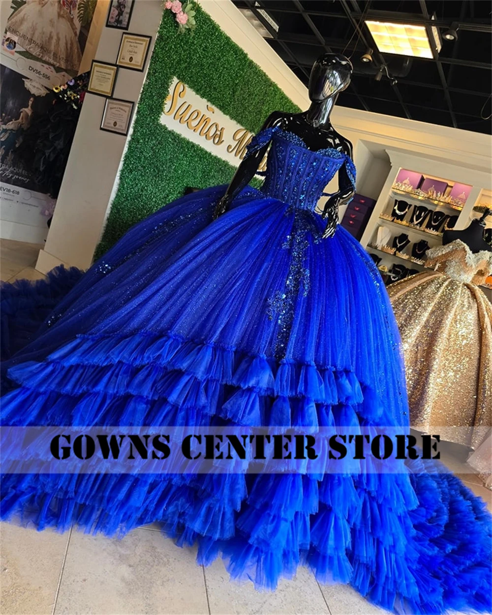 Fancy King Blue Mexican 15 años Vestidos de quinceañera Apliques de encaje con cuentas Vestido de fiesta de tren fruncido Vestido de novia con hombros descubiertos