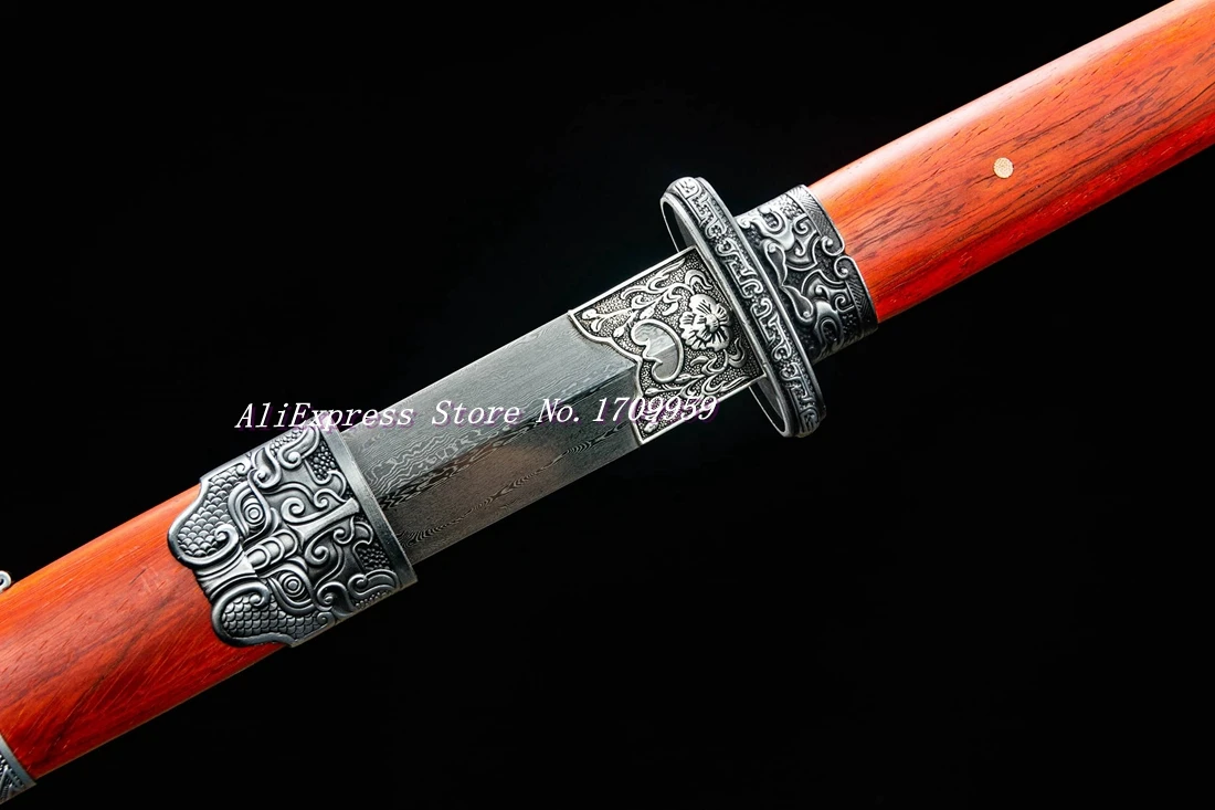 Red Wood Sheath Chinese KungFu Double Edge Sword Folded Damascus Steel Blade Tang Dynasty WuShu TaiChi Functional Dao Jian view 5