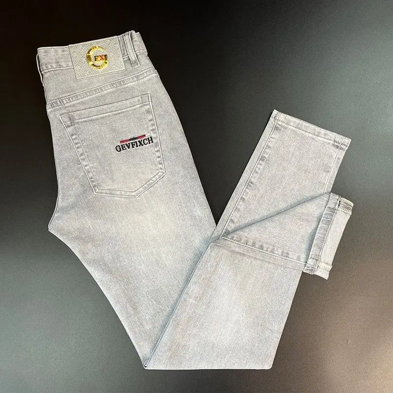 

Легкие облегающие джинсы с вышивкой, мужские повседневные брюки, эластичные прямые джинсовые брюки, осенние новые молодежные брюки