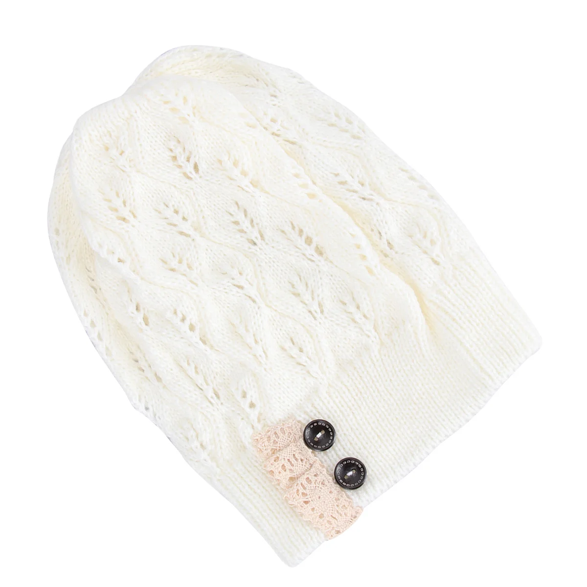 

Warm Knitting Hat For Women Lightweight Winter Beanie With Hollow Out Leaf Design Fashion Lace Button Cap Cold Weather