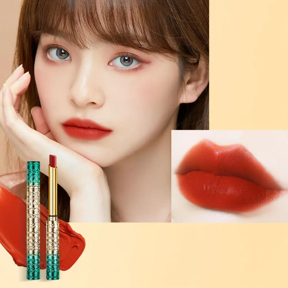 Slim Tube Matte Velvet Lipstick Retro Flower Carved Long Wearing Waterproof Lip Makeup Beauty Cosmetic Gift