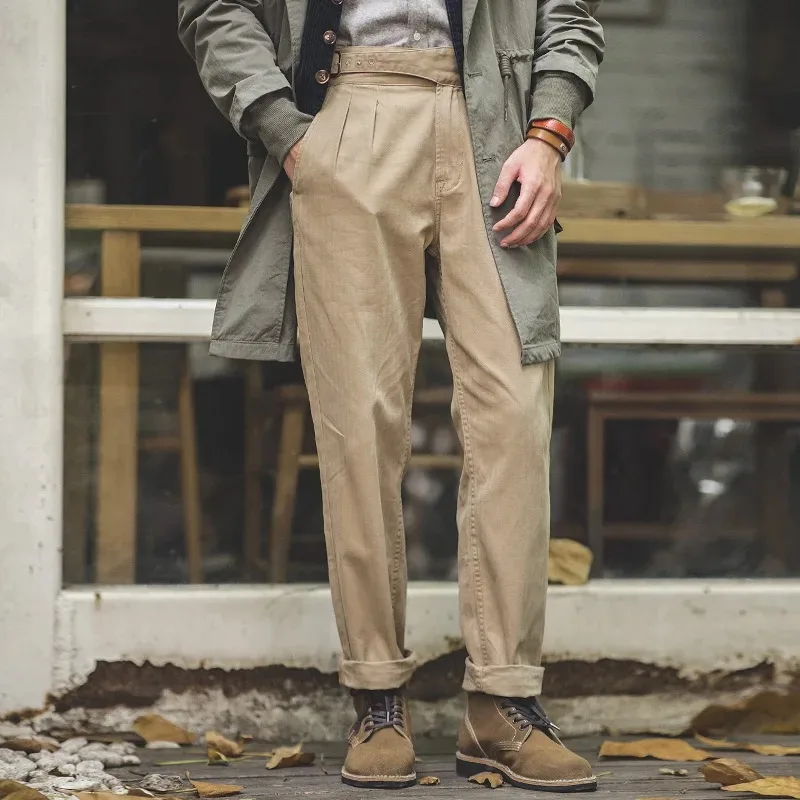 Maden Vintage Khaki Gurkha Pants Adjustable High Waist Casual Cargo Work Pants Classic Straight Trousers Men's Spring and Fall