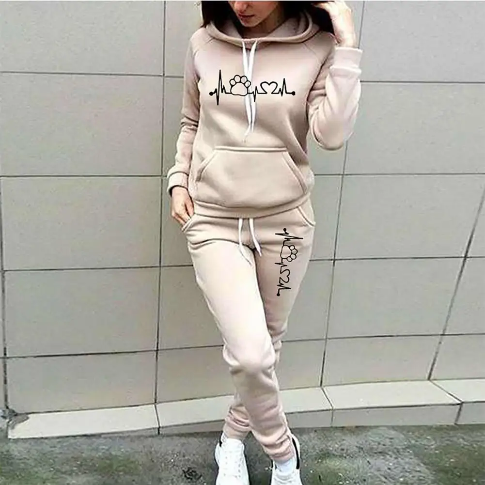 2Pcs/Set Trendy 3D Cutting Casual Tracksuit Pockets Lady Winter Heartbeat Print Slim Hoodie Sweatpants Set Cold Resistant