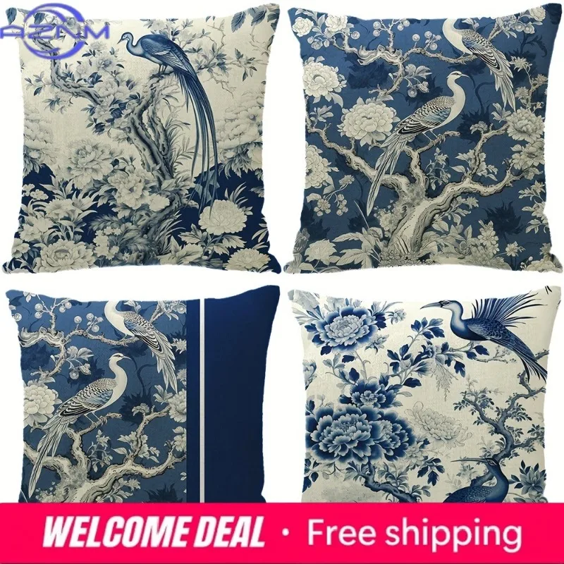 Blue and white porcelain crane decorative pillowcase, ultra-soft polyester material living room sofa backrest car pillowcase