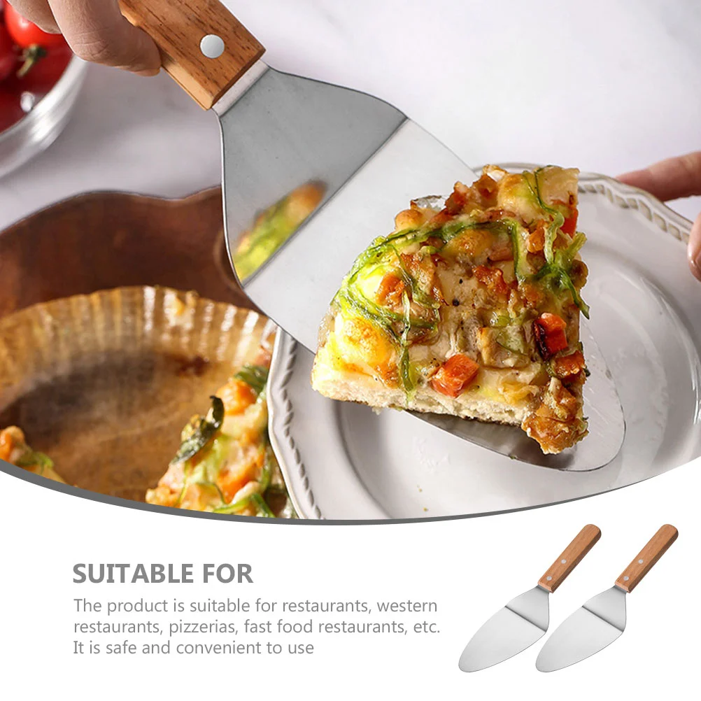 2 Pcs Wooden Handle Pizza Pizzeria Server Tool Multi-function Burger Spatula Stainless Steel Convenient Cooking