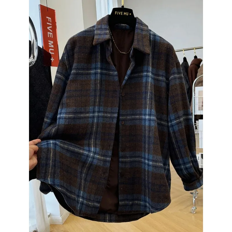 سترة قميص منقوشة سميكة للخريف والشتاء على الطراز الكوري فضفاضة كاجوال وبسيطة ومتعددة الاستخدامات للنساء