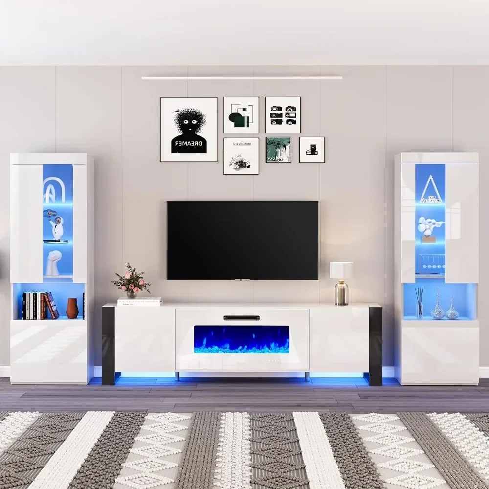 

70" Fireplace TV Stand with 36" Electric Fireplace & 2 Large Storage LED Bookcases, 3 Piece Living Room Entertainment Center