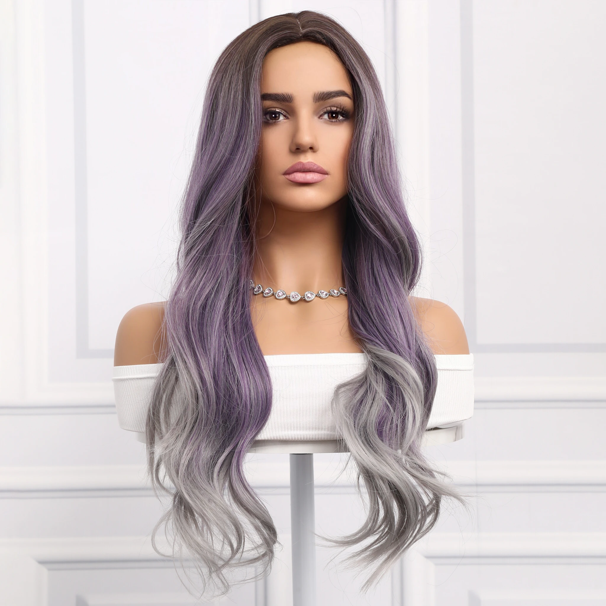 

Trendy Curls: 26-Inch Grayish Purple Gradient, Natural Center Parting Women's Synthetic Wig