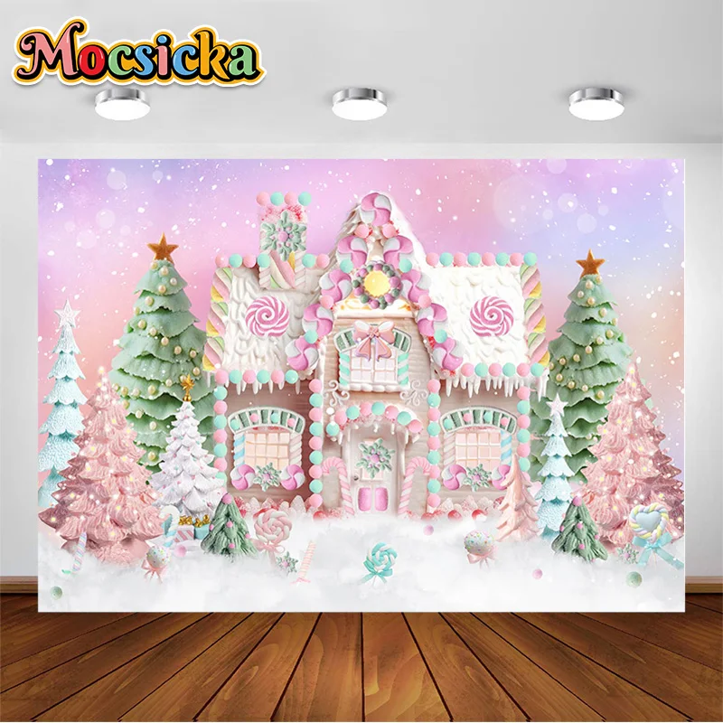 Sugar Bun Cottage Photography Backdrop Christmas House Backdrop Pink Xmas Tree Gift Background Snow Holiday Family Party Decor